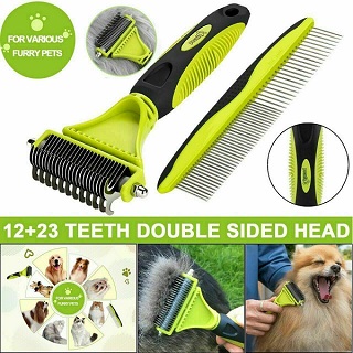 GREEN GROOMING DEMATTING COMB TOOL KIT - DOUBLE SIDED BLADE RAKE COMB GROOMING